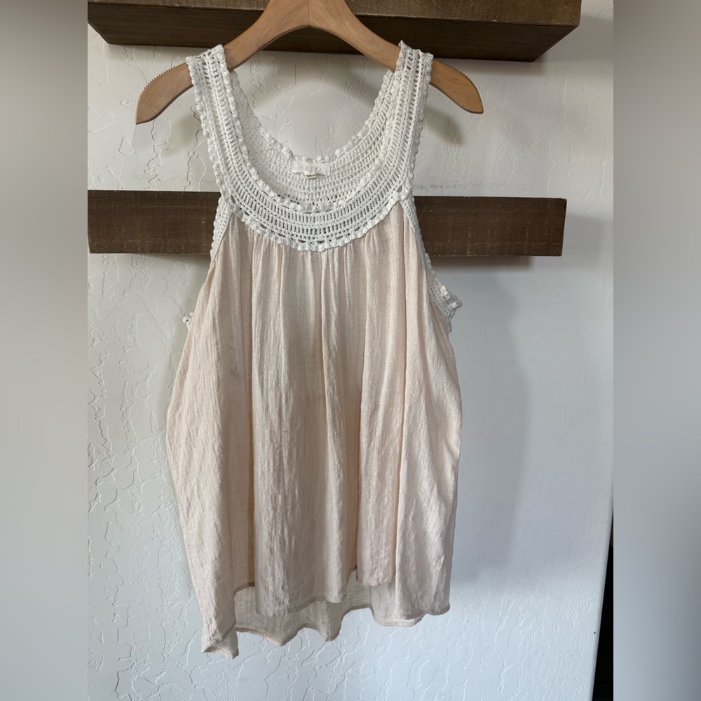Crochet gauzy muslin tan beige tank,sleeveless beachy blouse•••neutral,LARGE - Picture 3 of 10